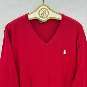 Lands' End Red Supima Cotton Skull Embroidered V-Neck Sweater Men XXL Tall